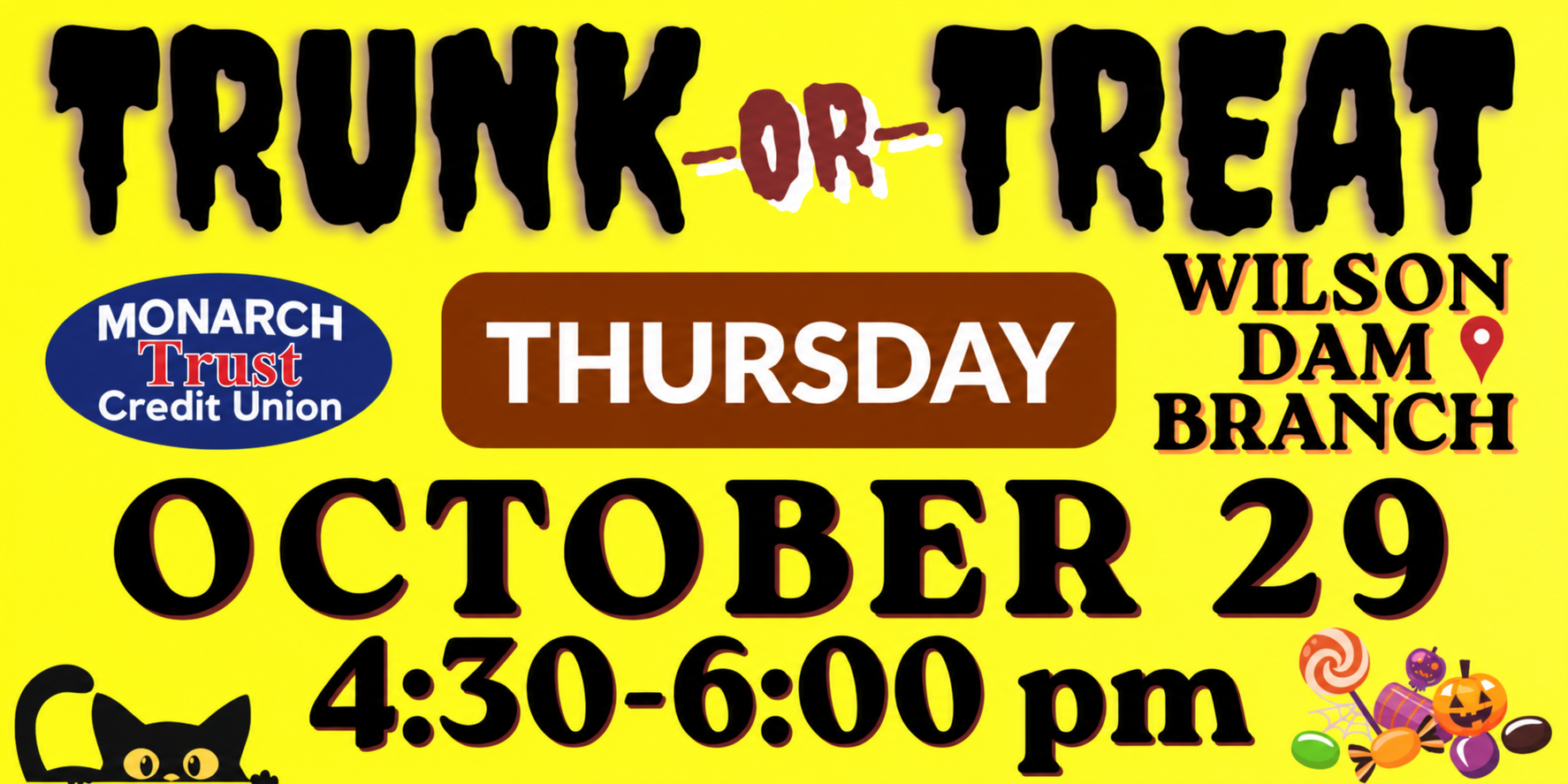Trunk-or-Treat at the Wilson Dam branch, Thursday October 29, 4:30–6:00 pm.